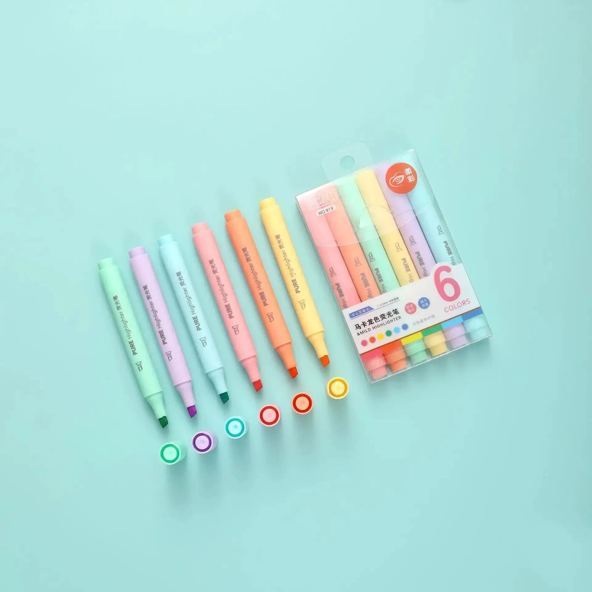 Simples Market 6-piece pastel highlighter pen set in a clear package on turquoise background
