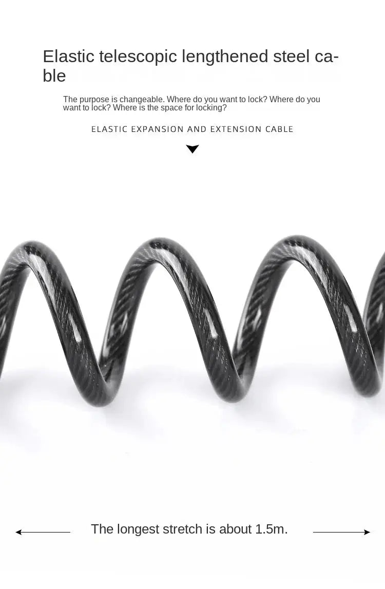 Bicycle lock steel wire cable, black, elastic telescopic coiled wire with about 1.5m extended length