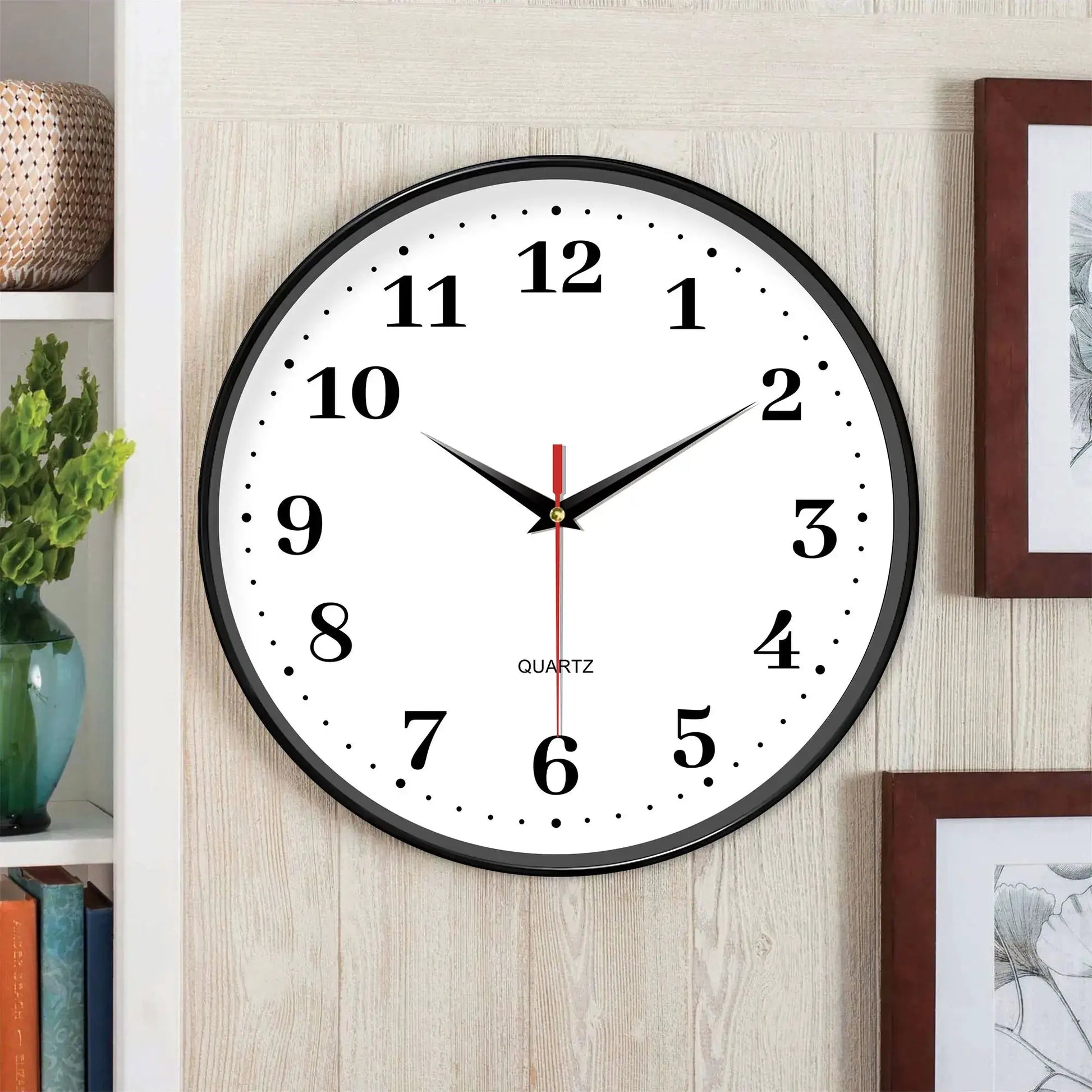 8-inch silent wall clock with white face, black numerals and frame, battery-operated quartz movement