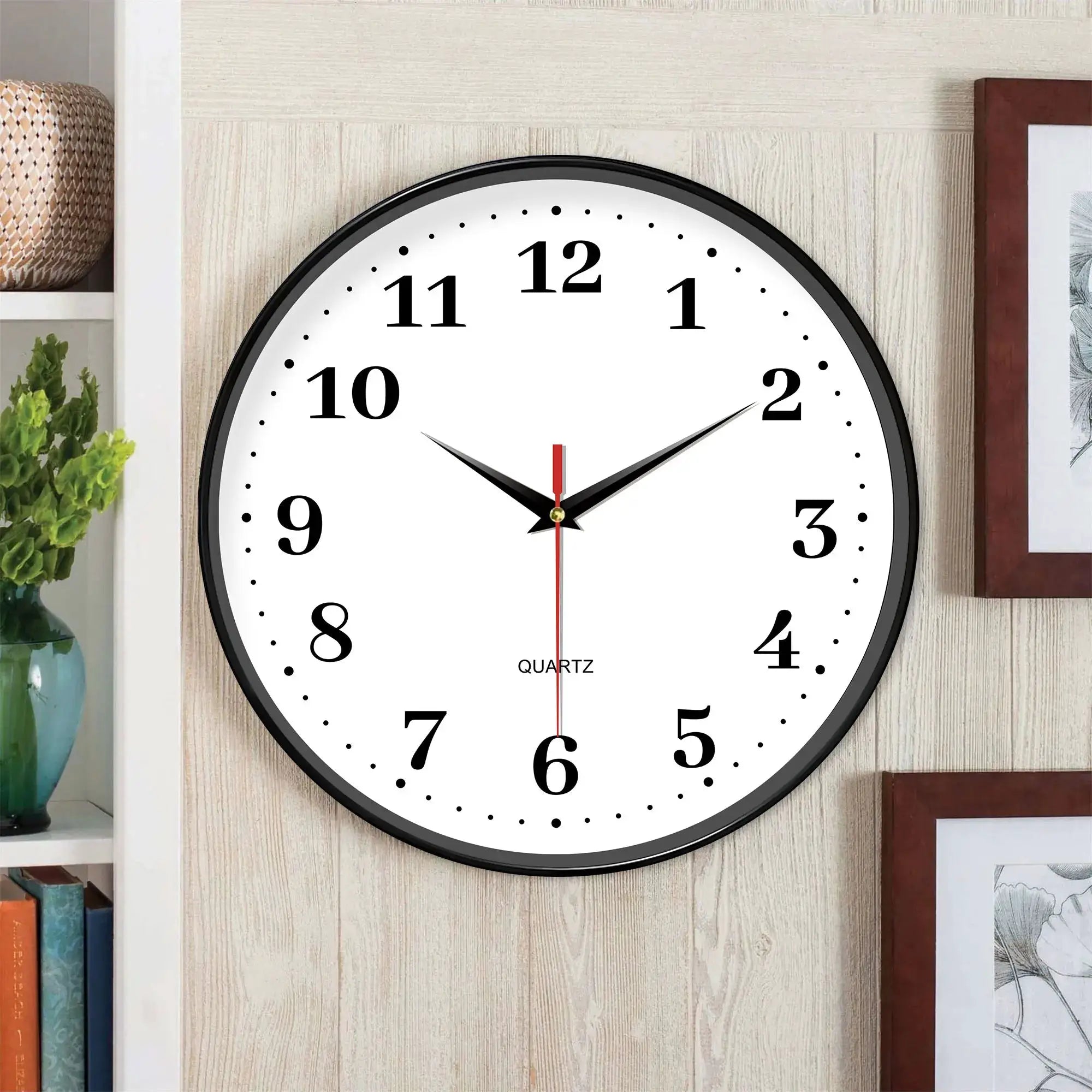 8-inch silent wall clock with white face, black numerals and frame, battery-operated quartz movement