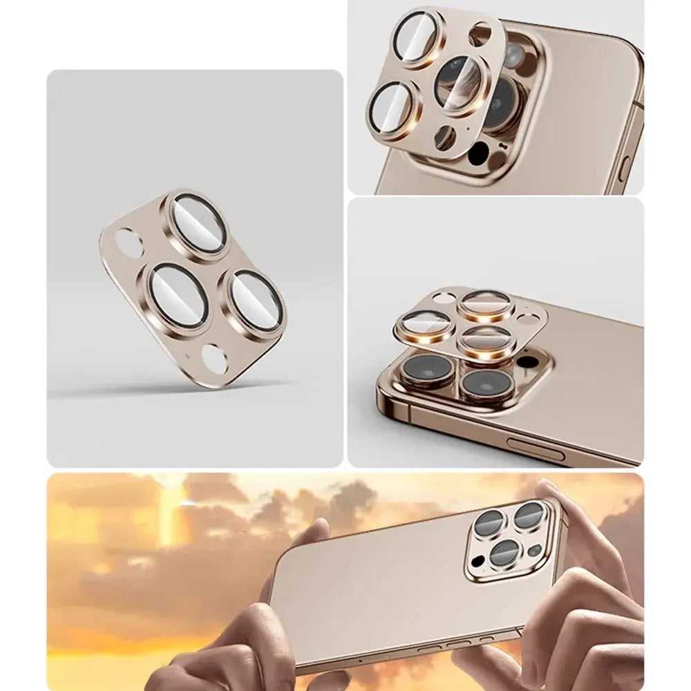 Simples Market metal glass back lens protector for iPhone 11–15 Pro/Max/Mini, gold finish, HD lens cover