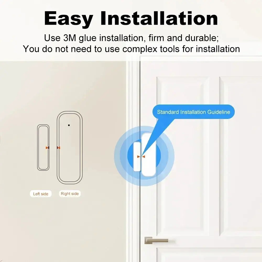 Simples Market Zigbee door sensor with magnet, white two-piece contact kit shown beside a door with installation guide.