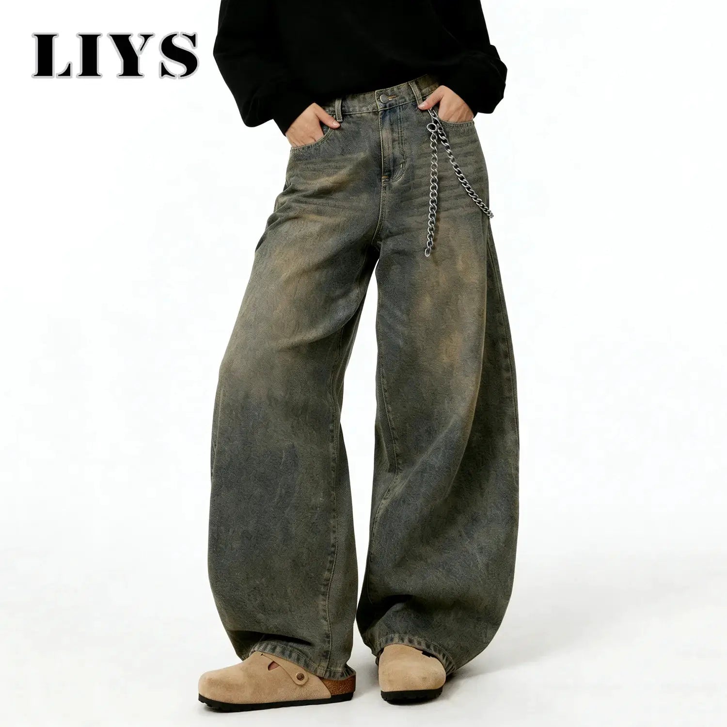 LIYS American Retro baggy wide-leg distressed gray denim jeans with silver chain, unisex, Simples Market