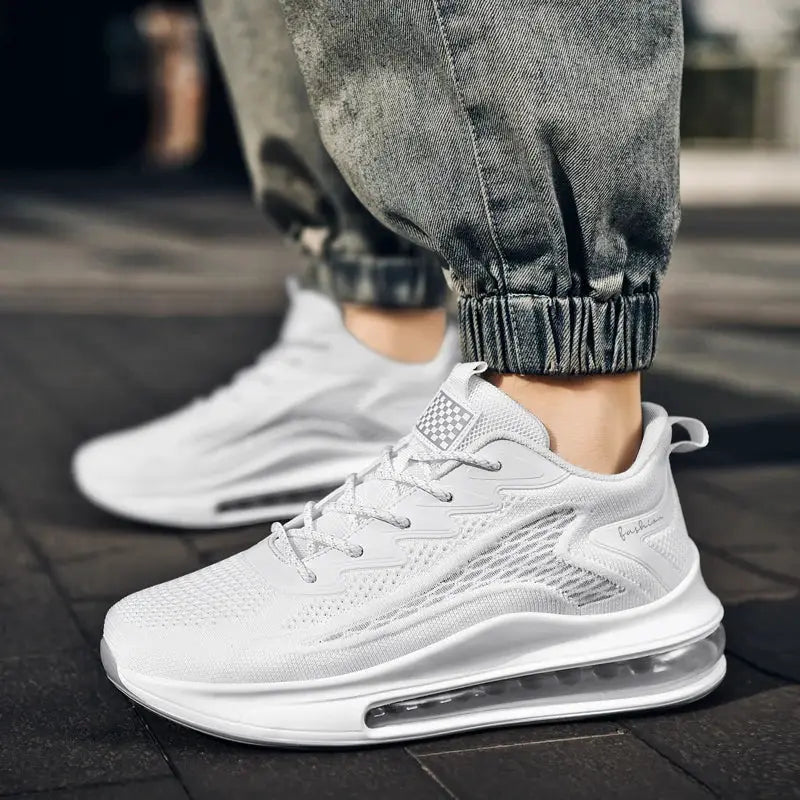 Men's sneakers Simples Market white and light-gray breathable mesh running shoes with visible air-cushioned sole.