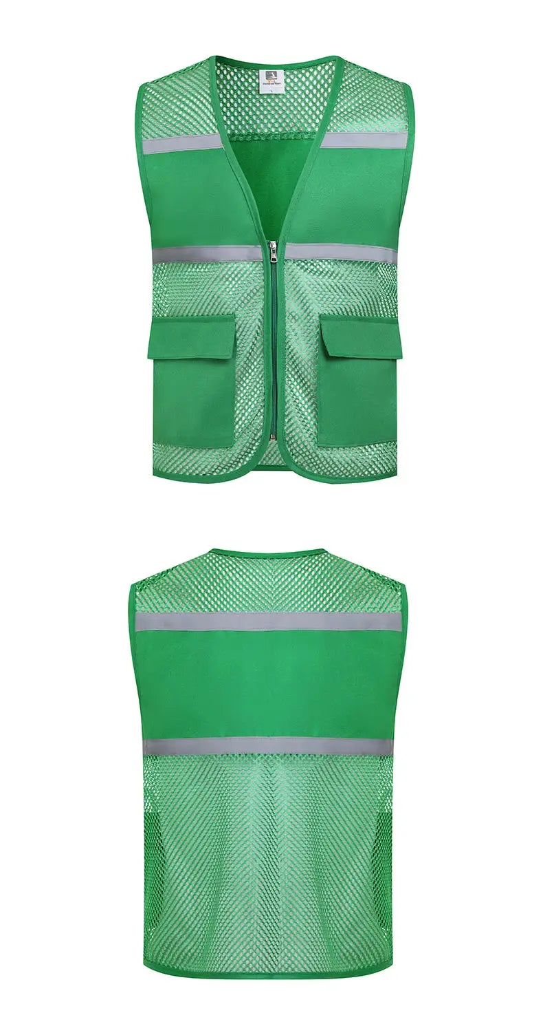 Volunteer fishing safety vest, green mesh with reflective bands, zip front and two front pockets with flaps.