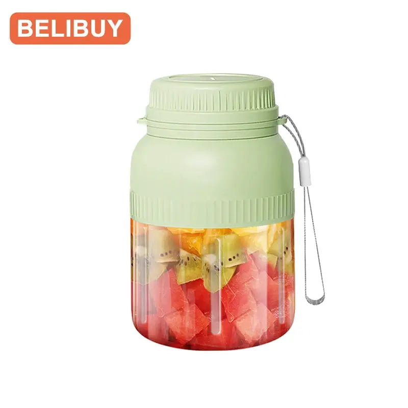 BELIBUY portable USB juicer cup in mint green with clear 500/1300ml jar and 6 blades, filled with fruit