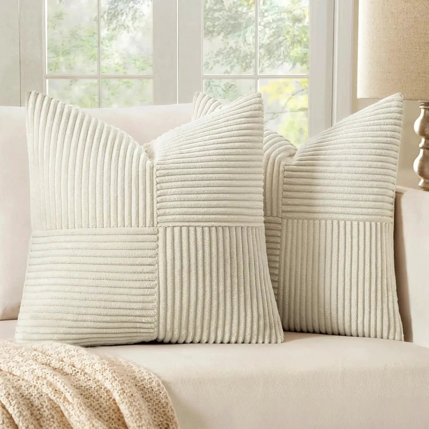 Throw pillow covers set of 3, cream corduroy patchwork, 18x18 inches, Boho farmhouse decor.