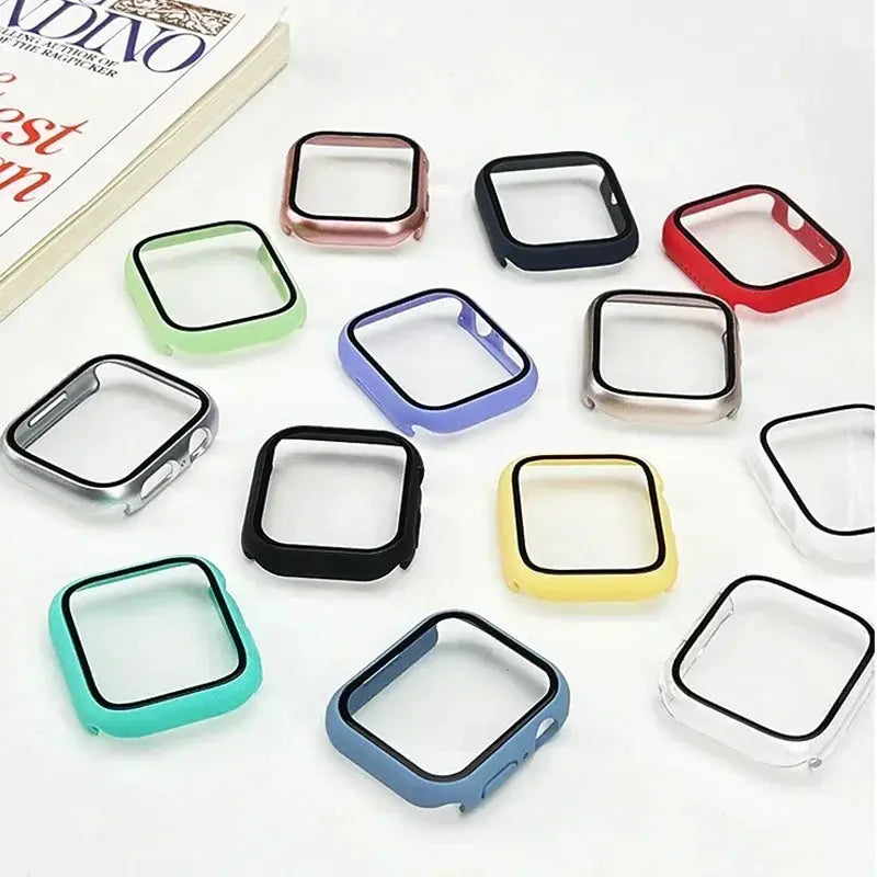 Tempered glass Apple Watch case set for 38-46mm, assorted colors (green, pink, blue, black)