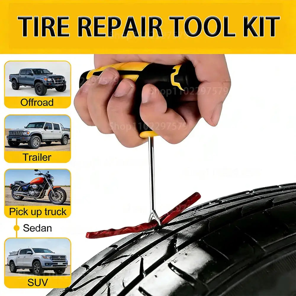 Tire Repair Kit by Simples Market with yellow and black handle, repair glue and rubber strips