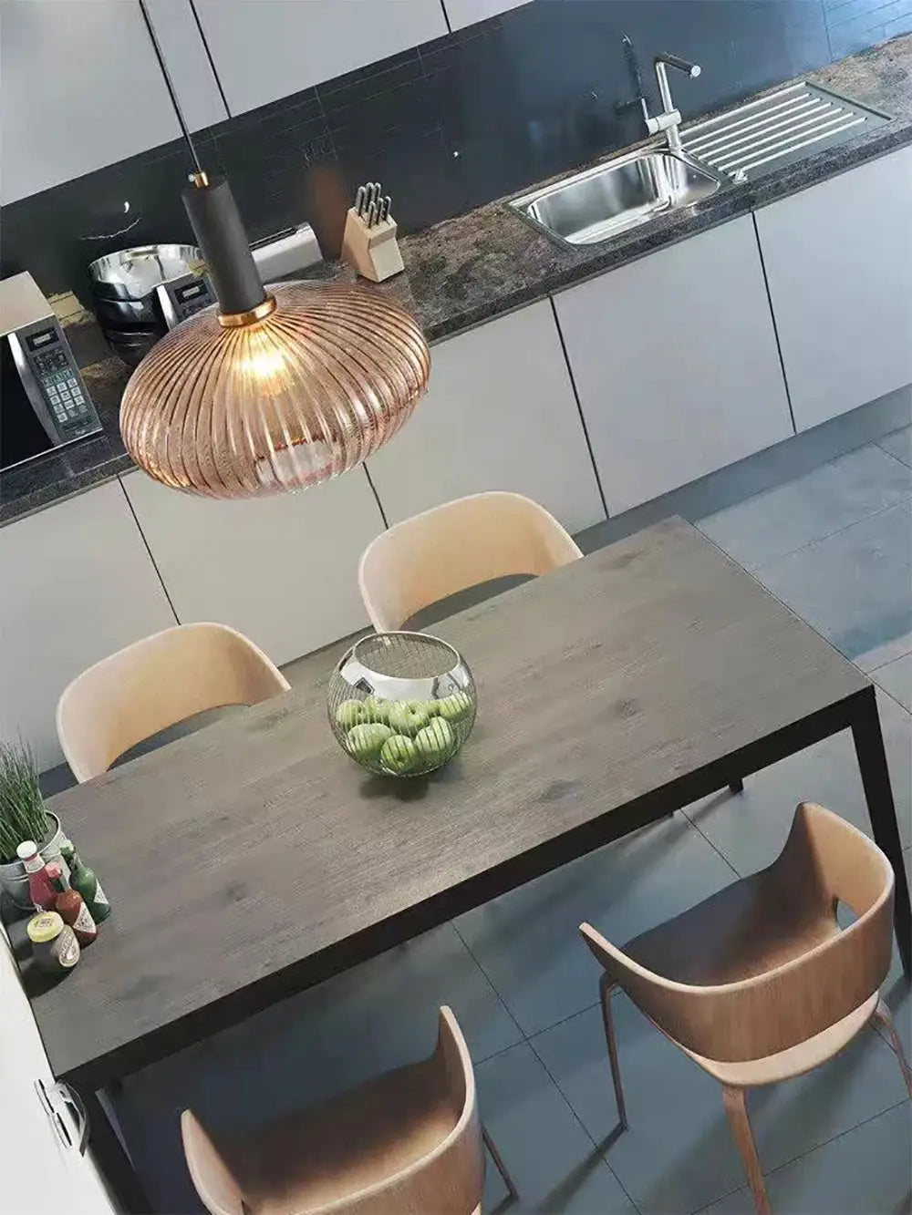 Nordic glass pendant light, cognac ribbed globe with E27 socket, modern hanging chandelier