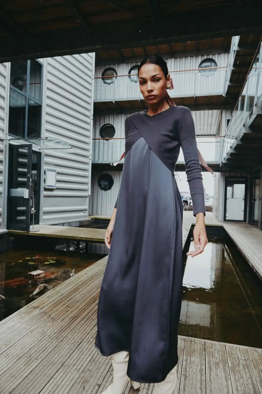 Elegance Satin Slip Dress And Knit Cross Top Set With Adjustable Maxi Floor Length For Timeless Style