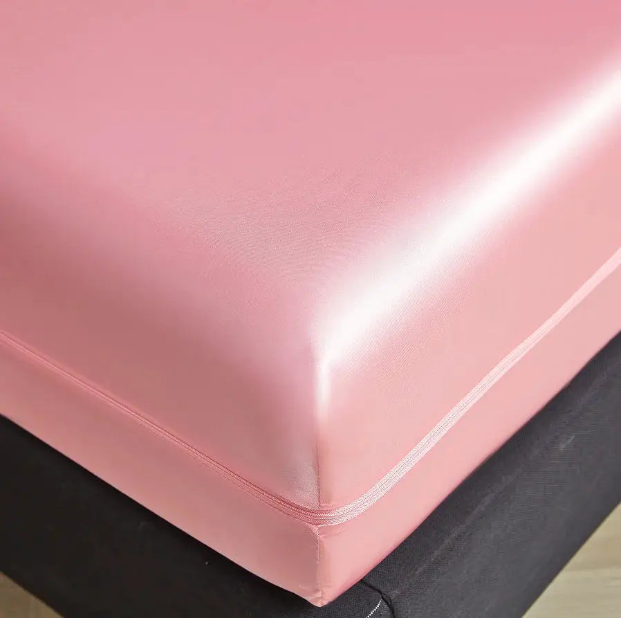 6-Sided zipper pink satin mattress encasement by Simples Market for full-size bed.
