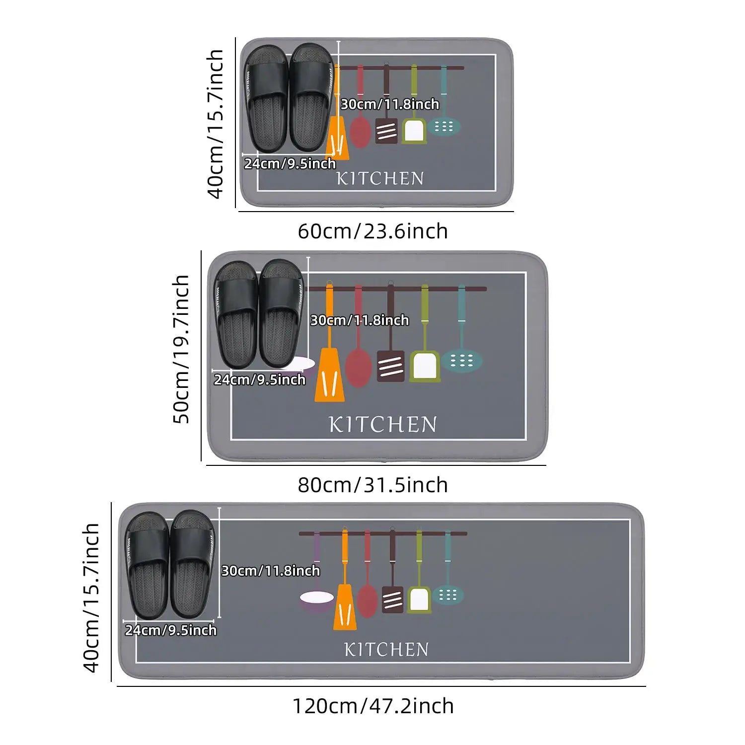 Simples Market kitchen anti-slip moisture-absorbing mat, 60x40 cm, gray with utensil print, machine washable.