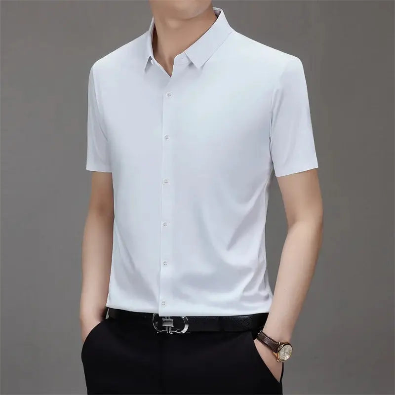 Men's white short-sleeve business casual shirt, solid color, no-iron, versatile top