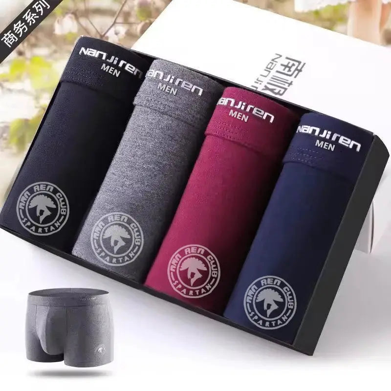 Men's cotton boxer shorts 4-pack in black, gray, burgundy and navy with Nanjiren branded waistbands in a gift box.