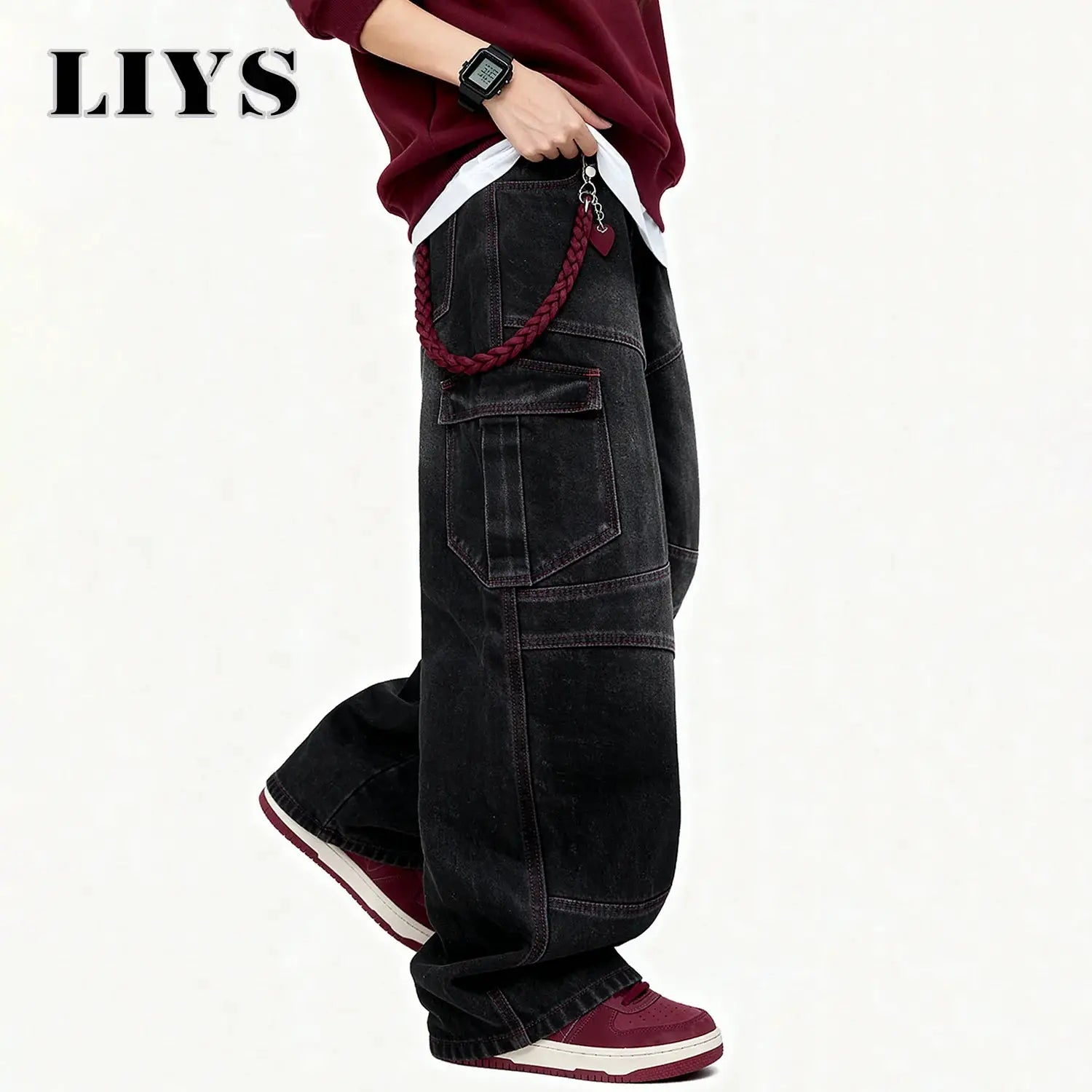 Men's black denim cargo jeans with multiple pockets and wide-leg fit