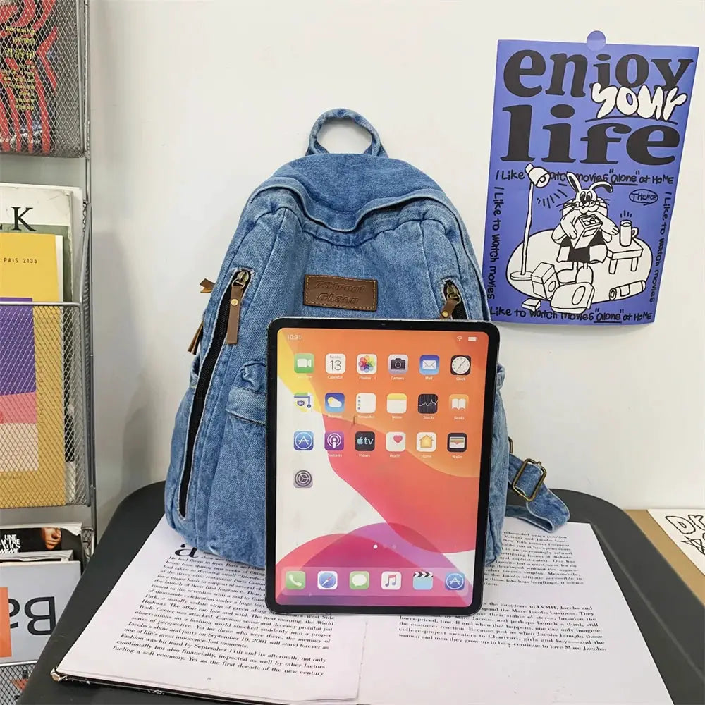 Denim backpack by Simples Market for school with multiple pockets and large capacity