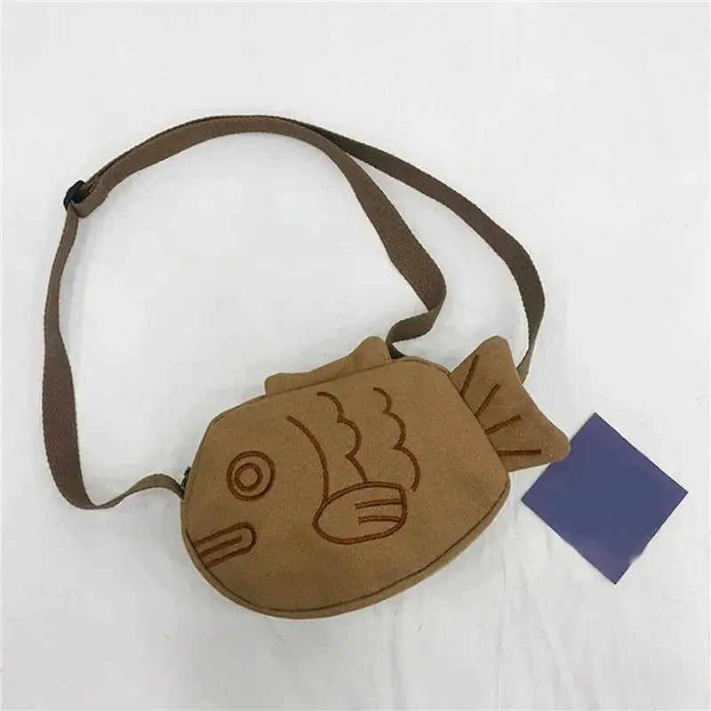 Fish-shaped canvas messenger bag by Simples Market with cute embroidery, tan brown, mini crossbody purse