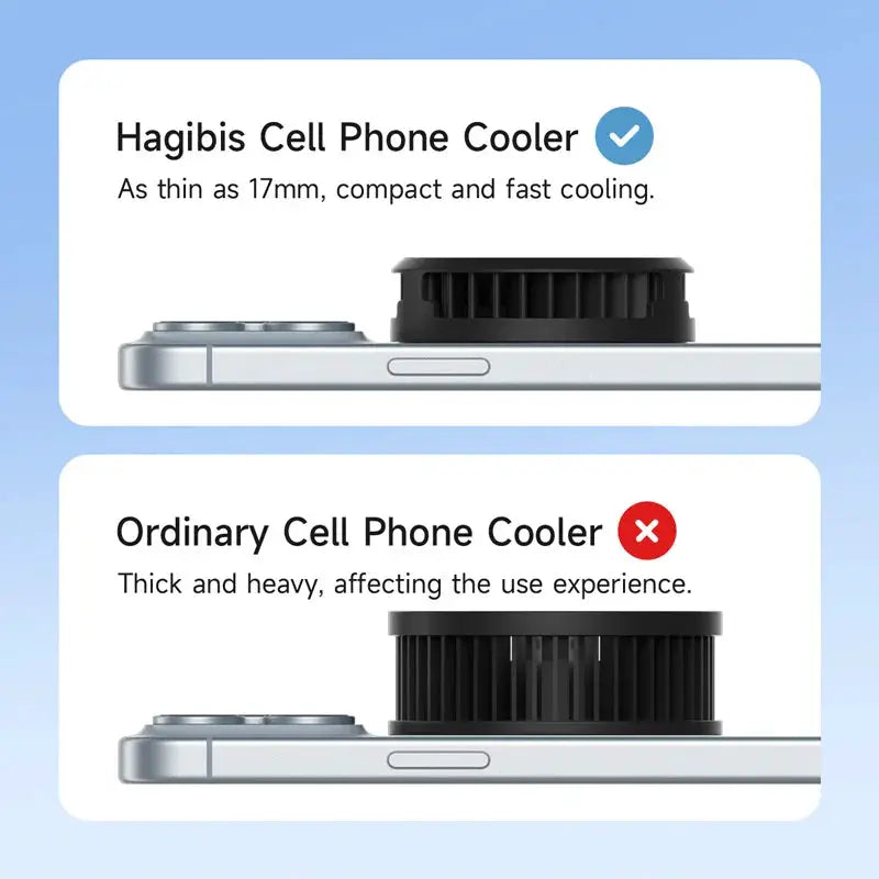 Hagibis magnetic cell phone cooler; two units shown on a smartphone, compact black fan and thicker ordinary cooler, Simples Market