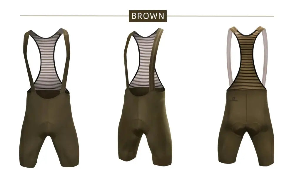 DAREVIE men's brown cycling bib shorts with striped mesh back, 4-way stretch