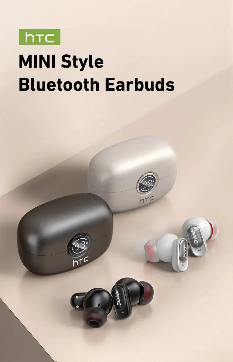 HTC MINI Style Bluetooth Earbuds with LED display charging cases; two cases in black and gray