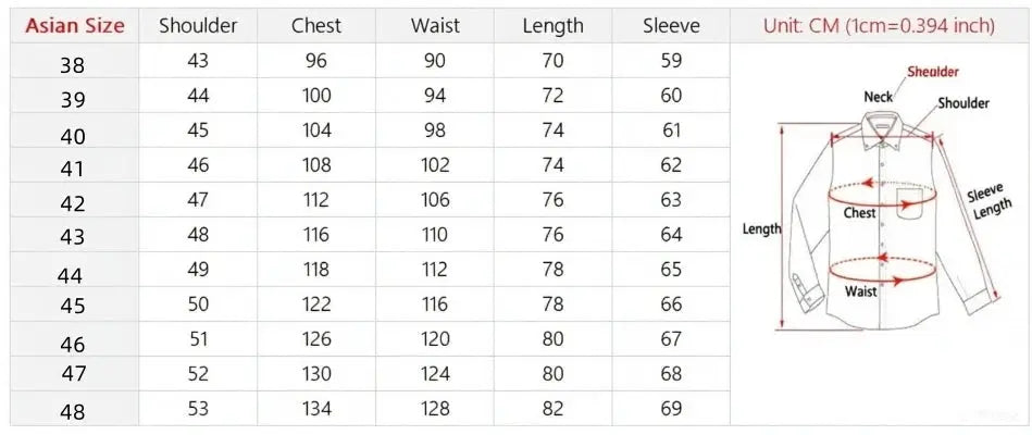 Simples Market men's formal long-sleeve blue/white shirt with pocket; size chart shows Asian sizes 38–48.