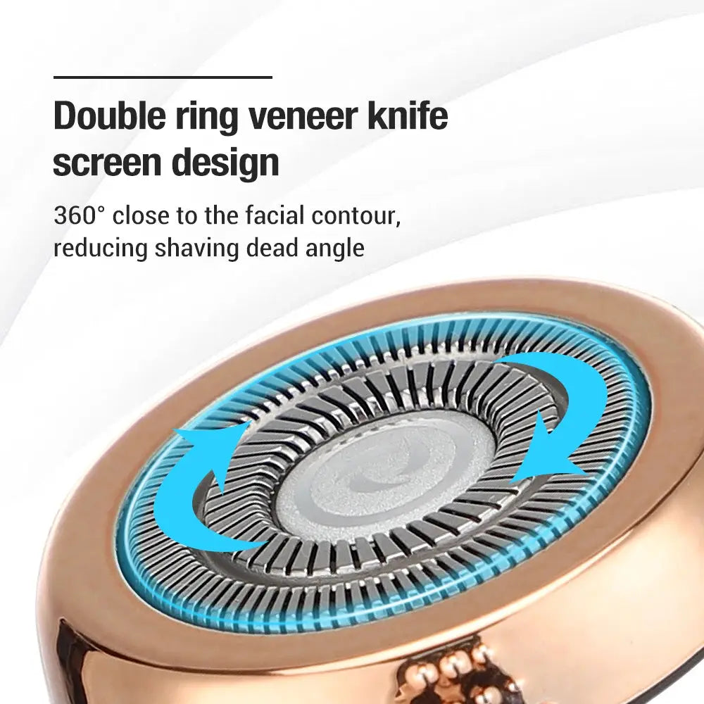 Mini travel electric razor with rotating double-ring blade head, rose-gold body and blue ring.