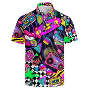 Men's neon multicolor retro 80s/90s golf polo shirt with short sleeves and collar, bold graphic print