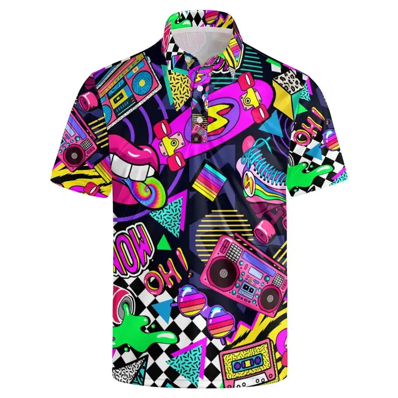 Men's neon multicolor retro 80s/90s golf polo shirt with short sleeves and collar, bold graphic print