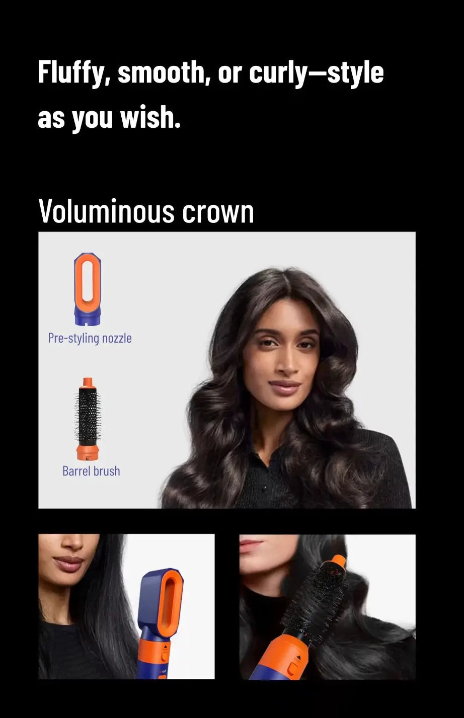 Simples Market 6-in-1 hair styler with blue and orange finish, includes pre-styling nozzle and barrel brush.