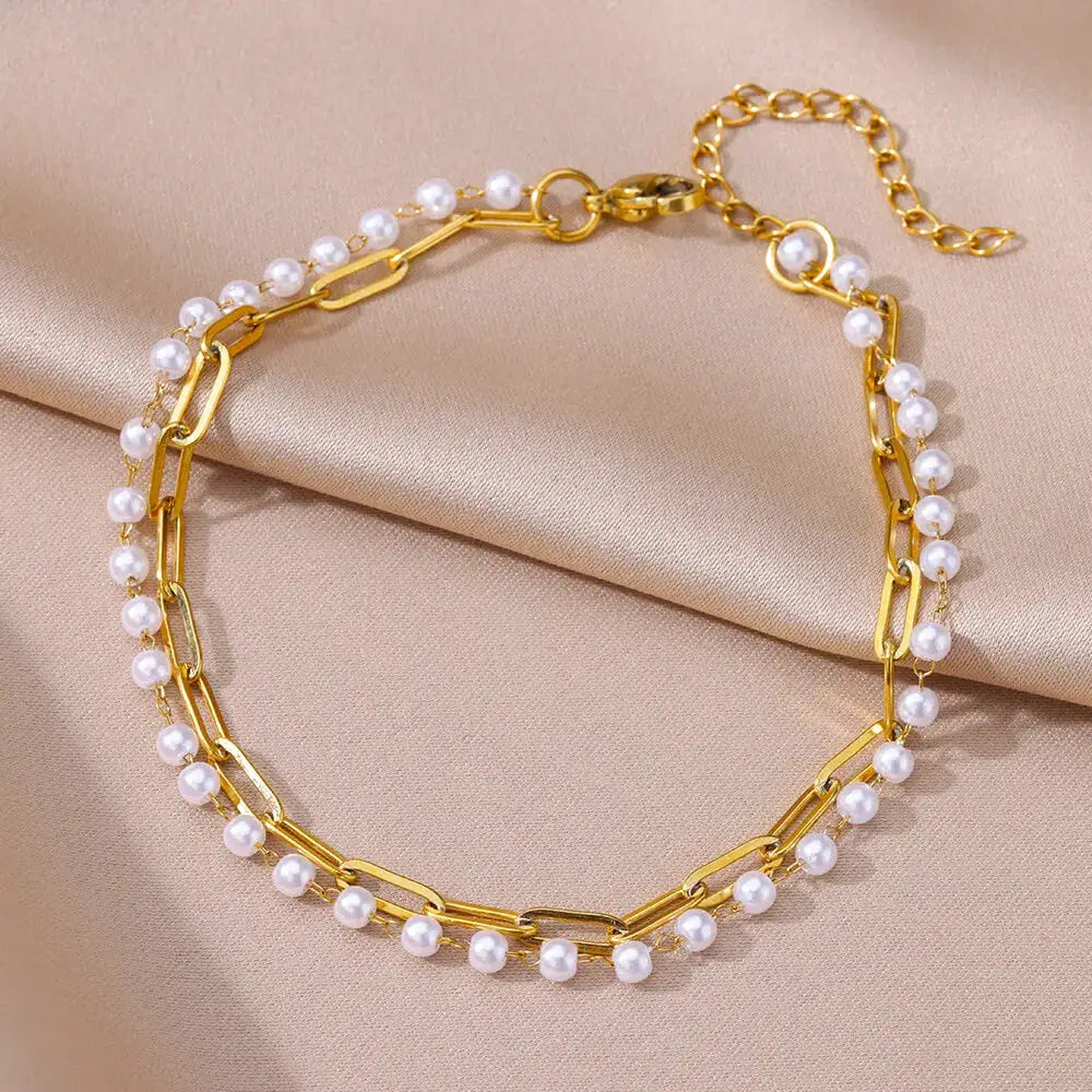 Gold Tone Stainless Steel Imitation Pearl Anklets for Women Beach Jewelry Chain Leg Bracelets Gift