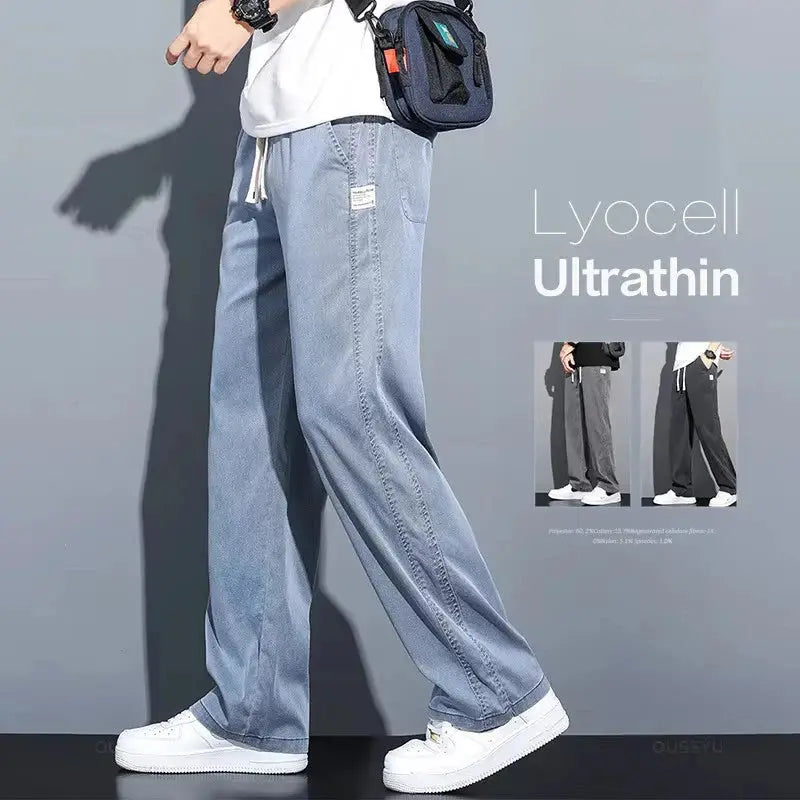 Men's lyocell jeans by Simples Market in light blue, loose straight pants with drawstring elastic waist