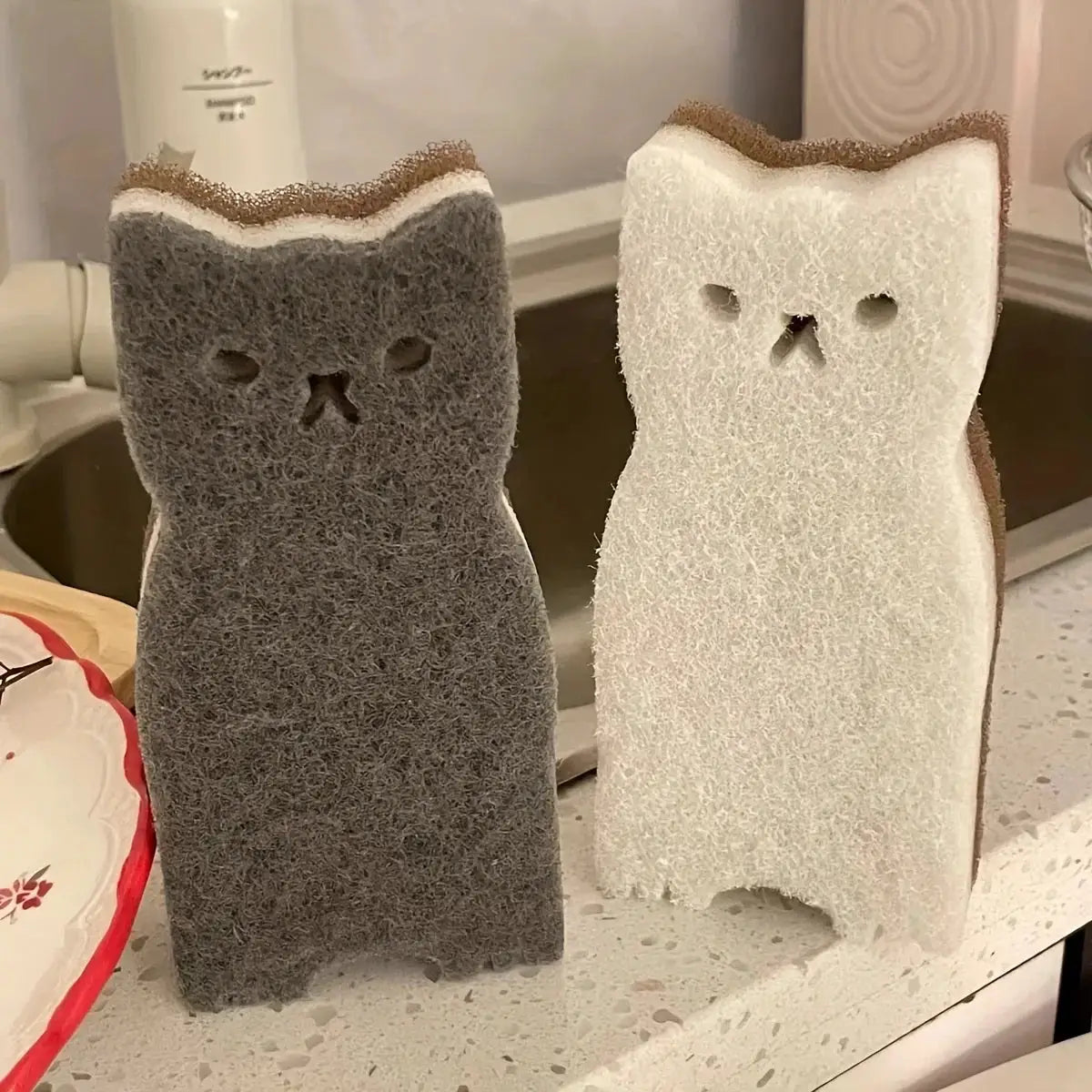 PurrfectEase 4 Piece Thick Durable Cat Shaped Kitchen Sponge Set For Tough Dishwashing And Mess Free Cleaning
