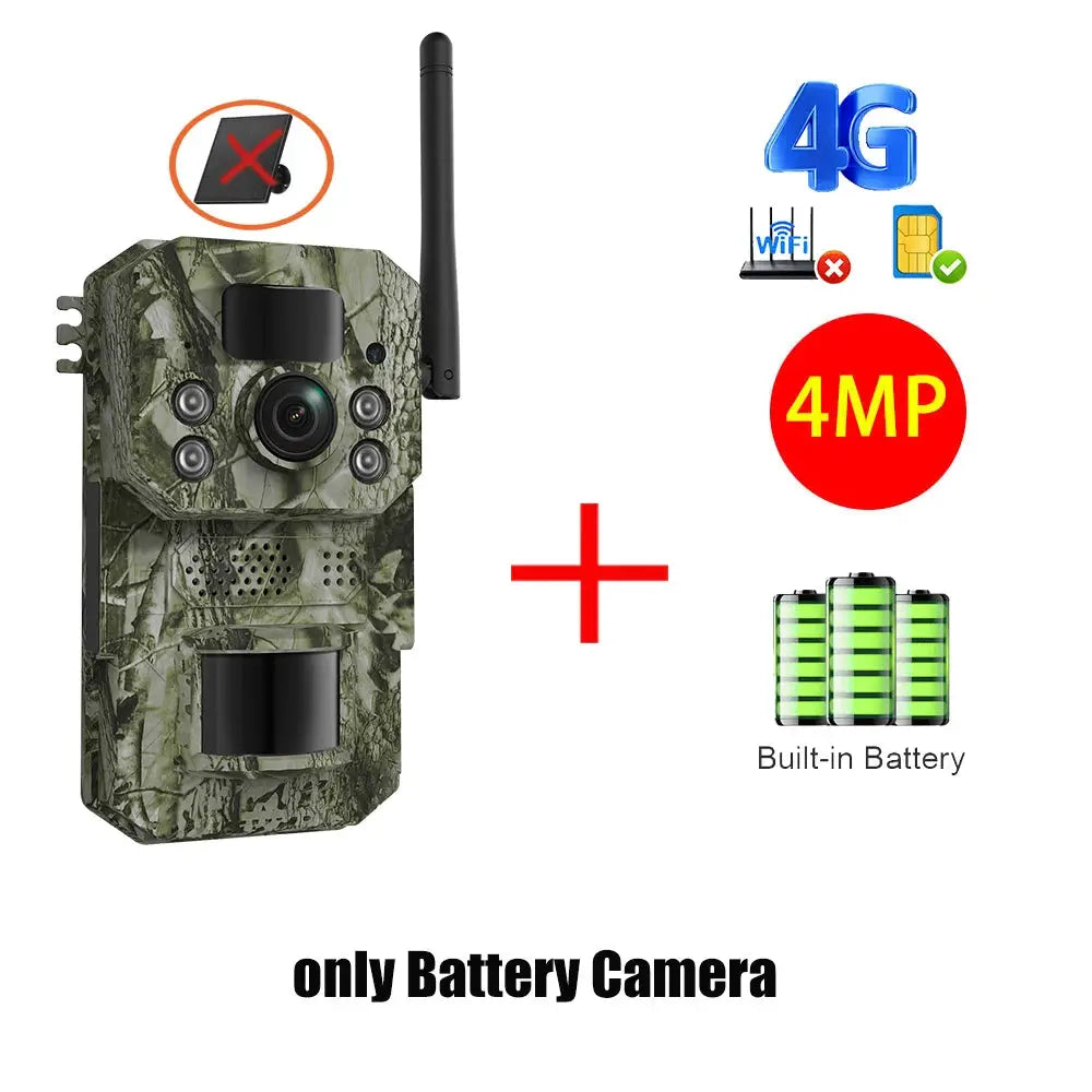 INQMEGA4G camouflage trail camera with built-in battery and external antenna; 4MP, 4G/WiFi wildlife monitor