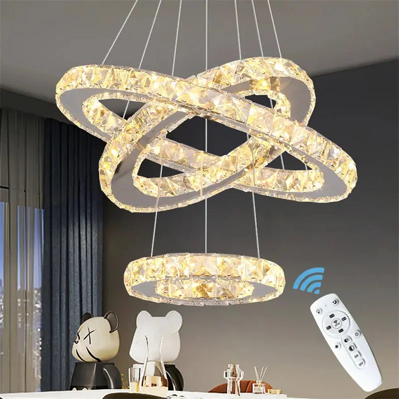 Simples Market modern crystal ring chandelier with chrome finish, dual circular LED rings and remote control