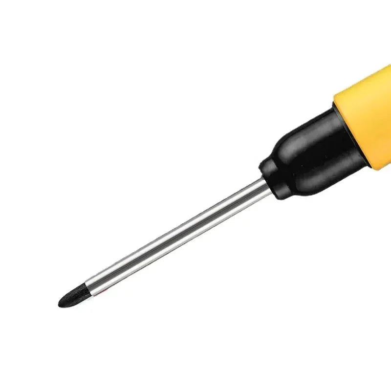 Long-head marking pen with yellow handle, metal shaft and black tip for woodworking