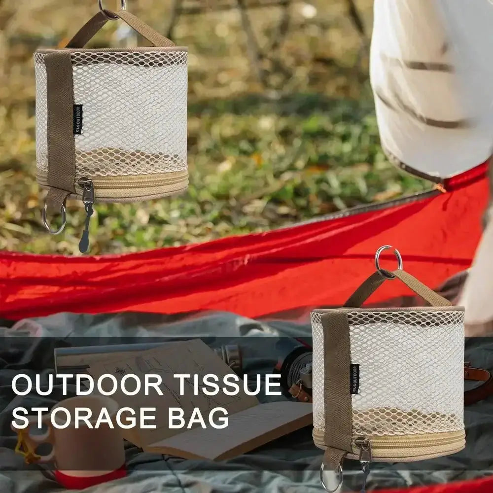 Outdoor tissue storage bags with hooks, beige mesh fabric, Simples Market camping napkin holder 2-pack