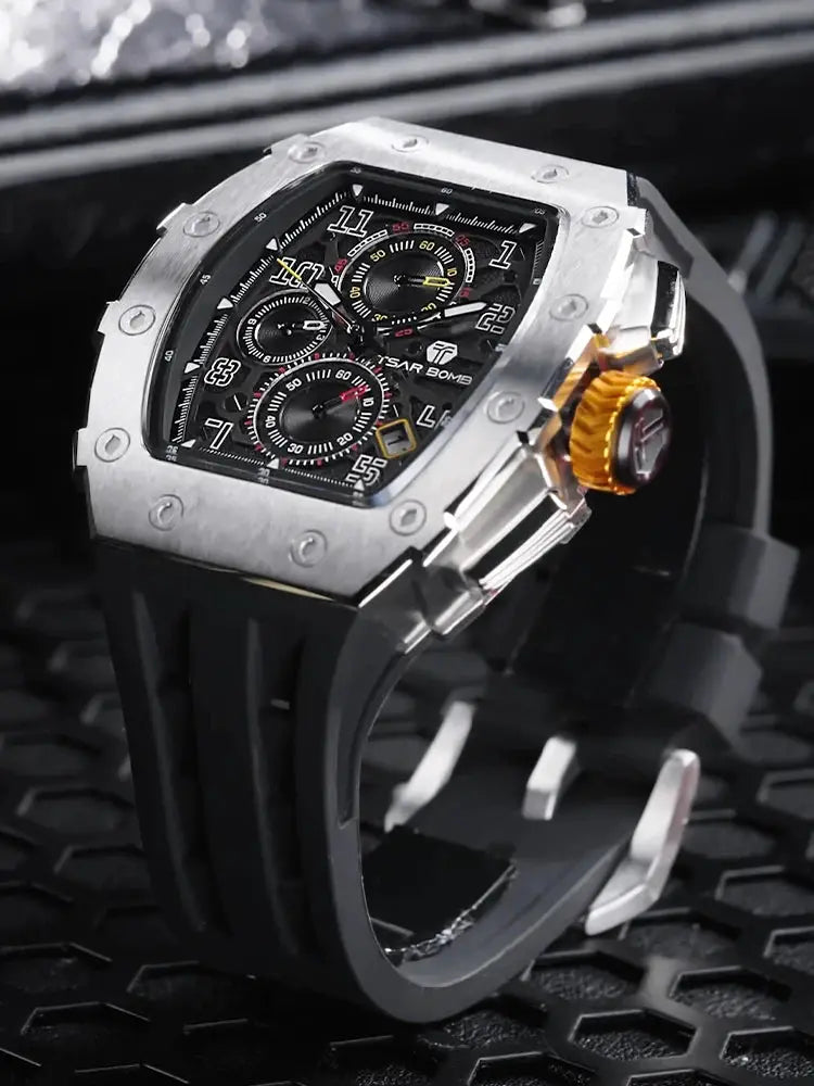 TSAR BOMBA men's luxury tonneau watch with stainless steel case, black dial, subdials, orange crown, and rubber strap