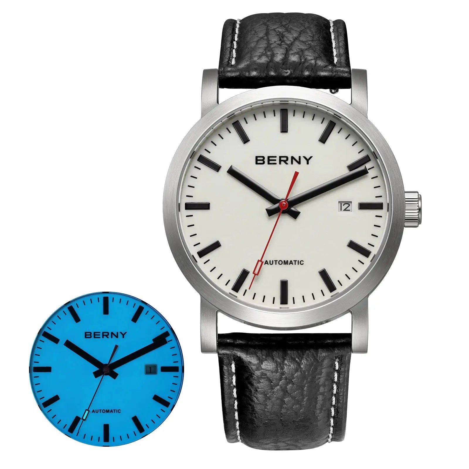 Two BERNY automatic men's wristwatches with stainless steel cases and black leather straps; white and blue dials with date window.