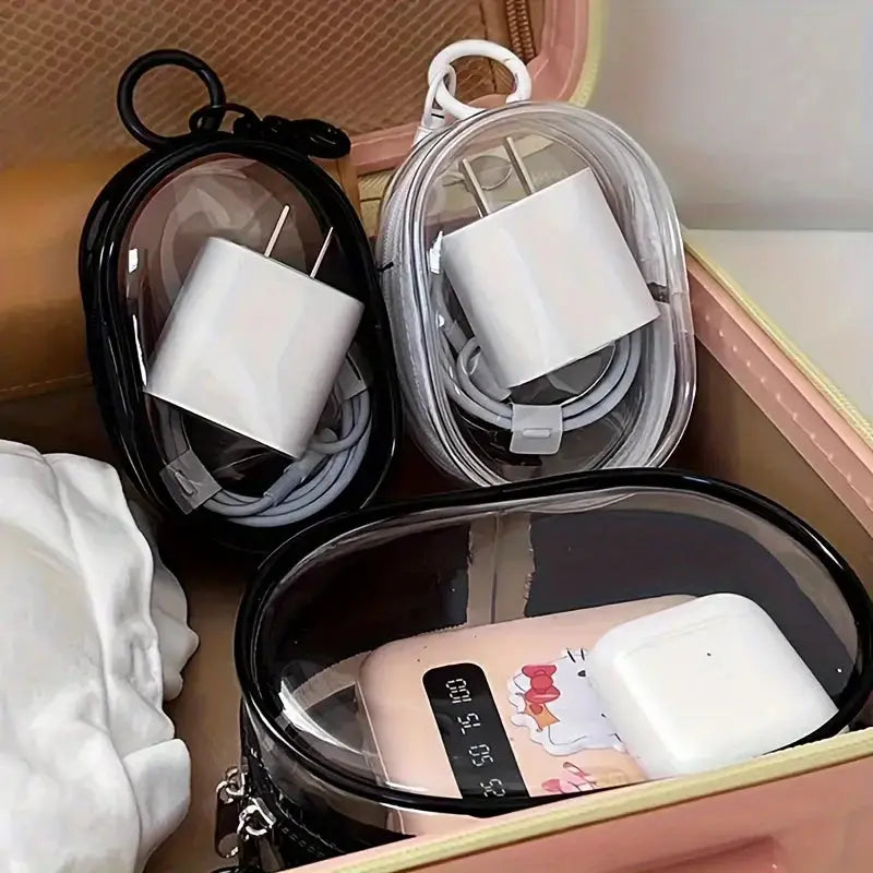 Silicone Clear Zipper Storage Bag Portable Mini Organizer For Earphones Chargers With Keychain Loop