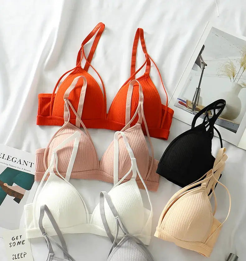 Bralette set: five wire-free triangle-cup bras in orange, pink, white, black, and beige.
