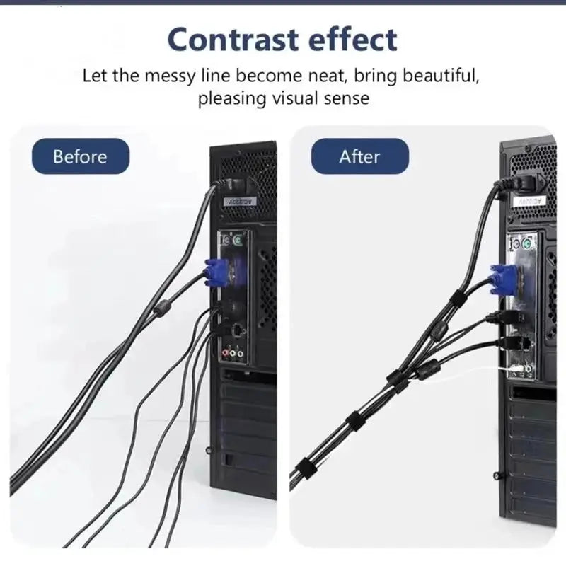 Cable organizer ties by Simples Market; black wire management clips neatly bundle PC cables (before/after).