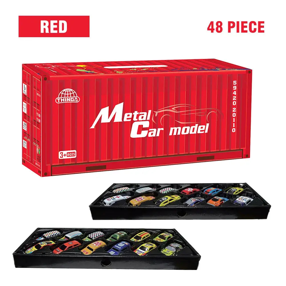 Metal toy car set, 48-piece, in a red shipping container with two trays of assorted pull-back cars.