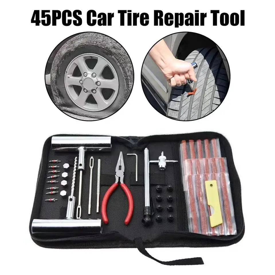 Tyre Repair Kit 45pcs by Simples Market in a black carrying case with red-handled pliers and assorted puncture tools