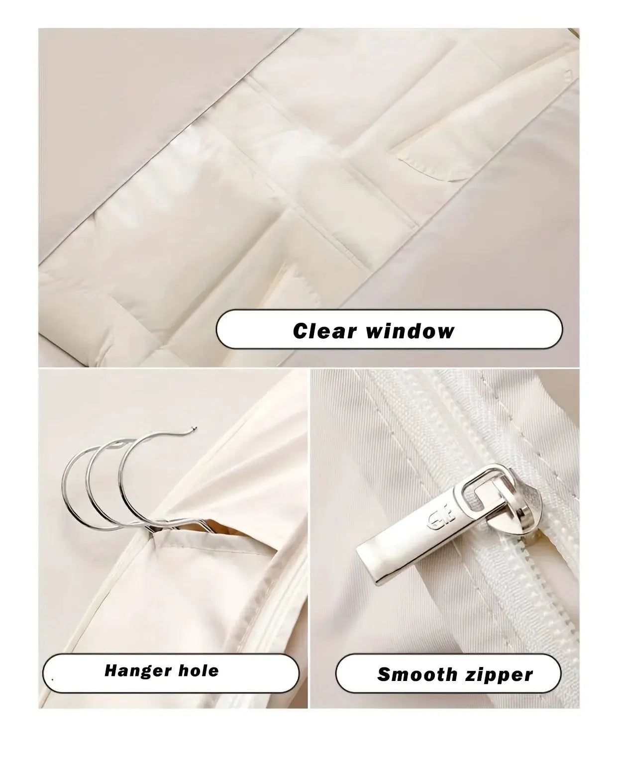 White clothing compression bag with clear window, smooth zipper, and hanger holes for wardrobe storage.