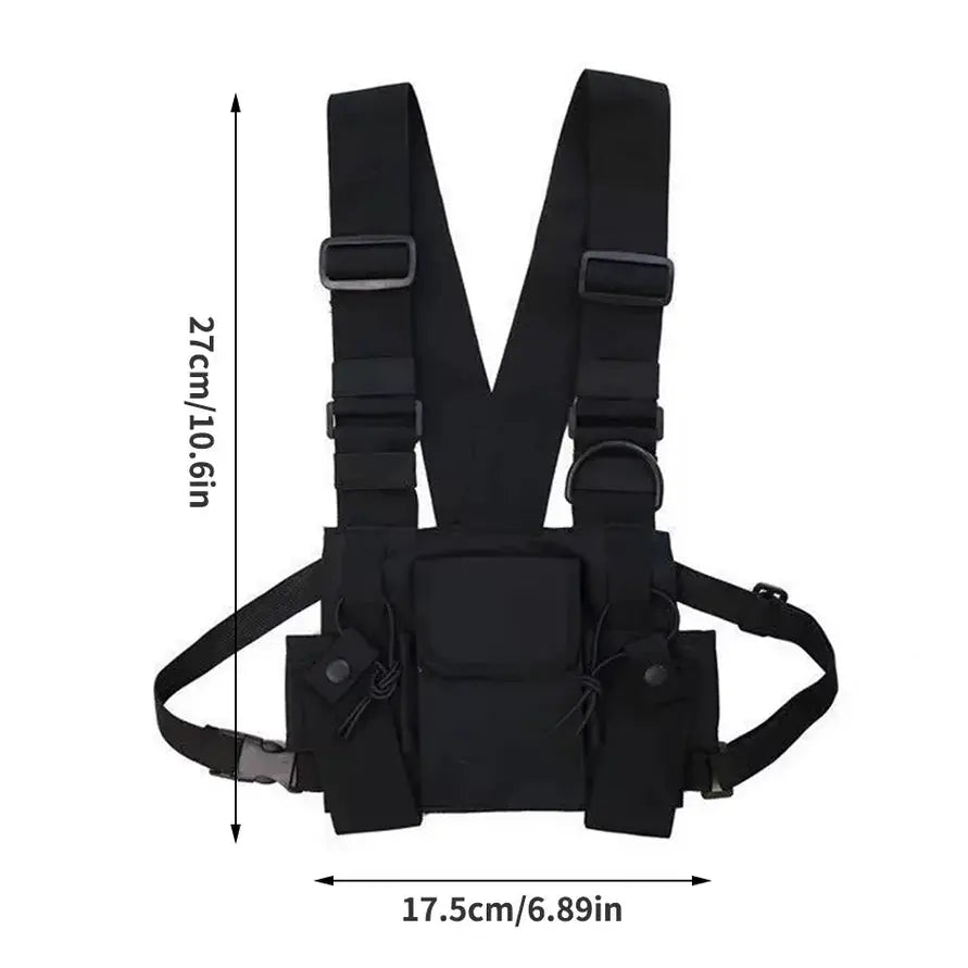 Functional tactical chest bag vest in black, unisex with multiple pockets and adjustable straps