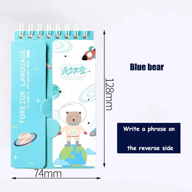 Cute English word notebook; blue space-themed spiral planner with a bear astronaut on Earth