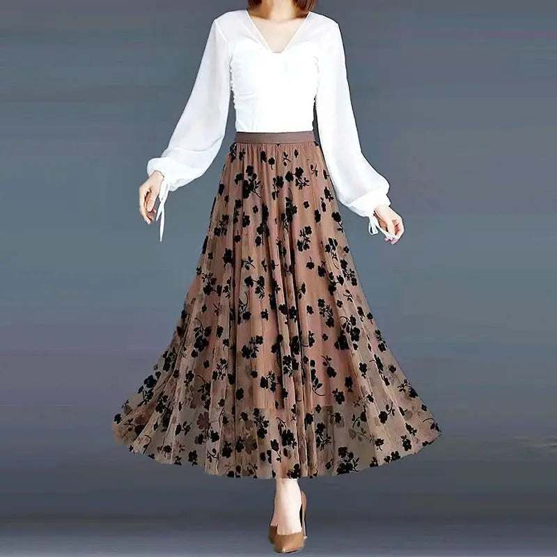 Korean women's tulle floral midi skirt in brown with black embroidery by Simples Market
