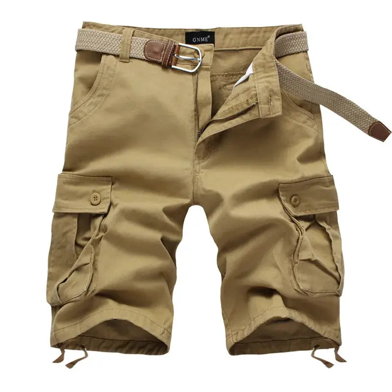 Men's khaki cargo shorts with belt and multiple pockets