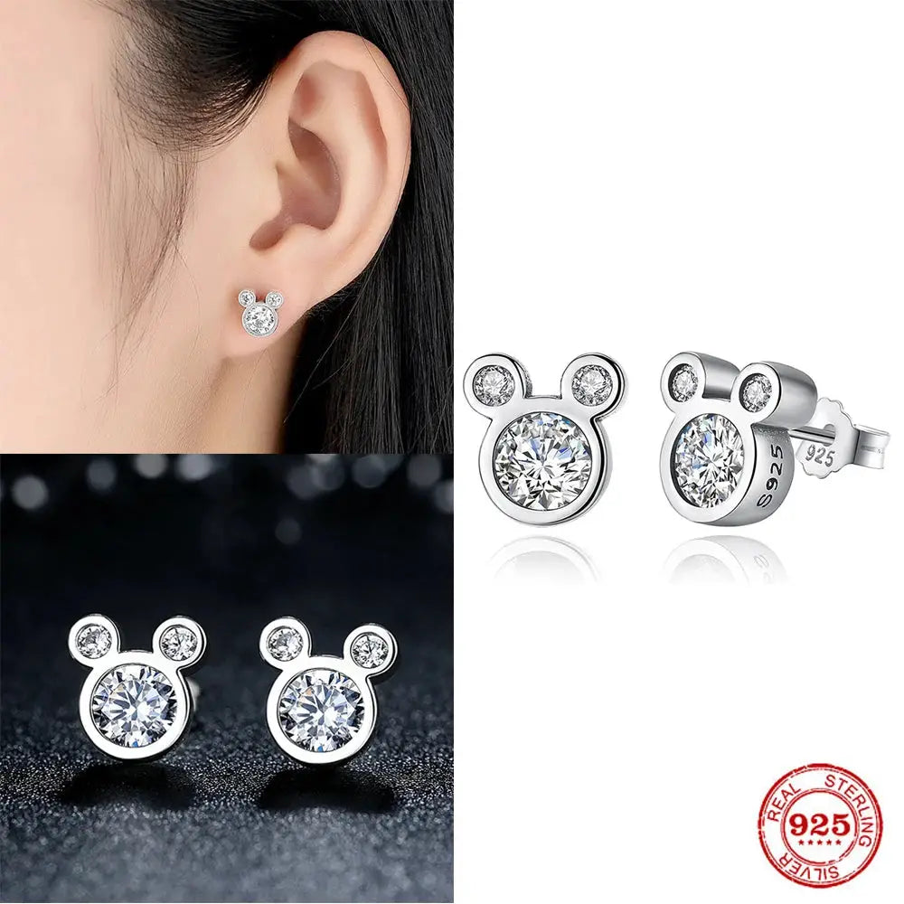 925 Sterling Silver Mouse Cartoon Stud Earrings for Women Girls Dazzling Zircon Gift Jewelry